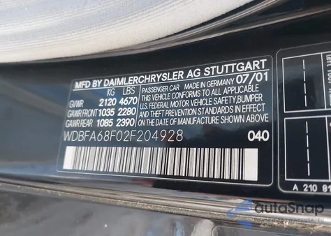 2002 Mercedes-Benz Sl 500 from USA, damaged, VIN WDBFA68F02F204928